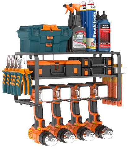 GOYOXOKY Power Tool Organizer Storage, 3 Layer Tool Rack for 4 Drill Holders, Heavy Duty Wall Mounted Holder with Side Screwdriver Rack