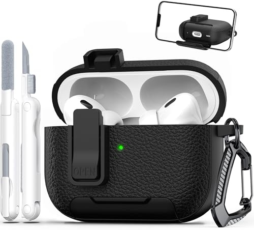 MHYALUDO Compatibile con AirPods Pro 2a Generazione Custodia con Blocco, Pelle-Texture TPU, Porta di Ricarica Antipolvere e Funzione Stand Integrato per Airpods Pro 2 Case, Nero
