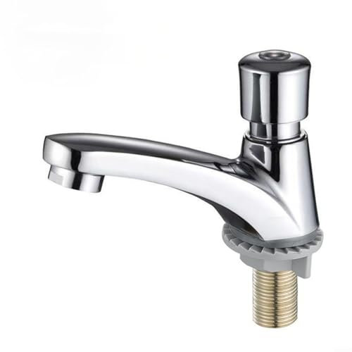 Grifo cromado con retardo de tiempo, cierre automático, grifo de ahorro de agua, mezclador de lavabo de baño público, montaje en cubierta de agua fría, funcionamiento higiénico eficiente y manos