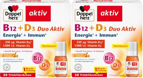 Doppelherz B12 + D3 Duo Aktiv - Hochdosiert mit Vitamin B12 + D3 zur Unterstützung einer normalen Funktion des Immunsystems - 30 Trinkfläschchen, Flüssigkeit (Packung mit 2)