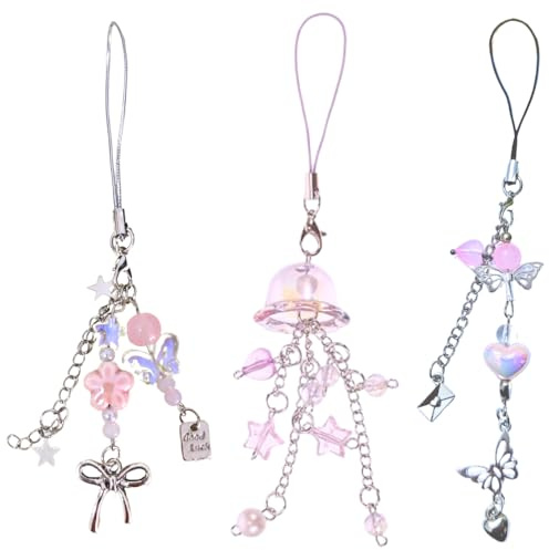 Atarvana Niedliche Handy-Hüllen-Charms, ästhetische Schleife, Schlüsselanhänger, Handy-Anhänger für Handy-Kamera, Damen, Mädchen, Zubehör, 4 Stück, Kunststoff Metall, Kein Edelstein