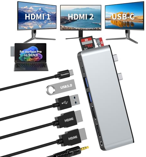 Surface Pro 11/10/9 Hub Dockingstation mit Dual HDMI 4K@60Hz, USB C Thunerbolt 4 (8K Video+40Gbps+100W PD), USB 3.0*2, 3,5mm Audio, SD/TF-Kartensteckplatz – USB C Hub-Adapter für Surface Pro 11/10/9