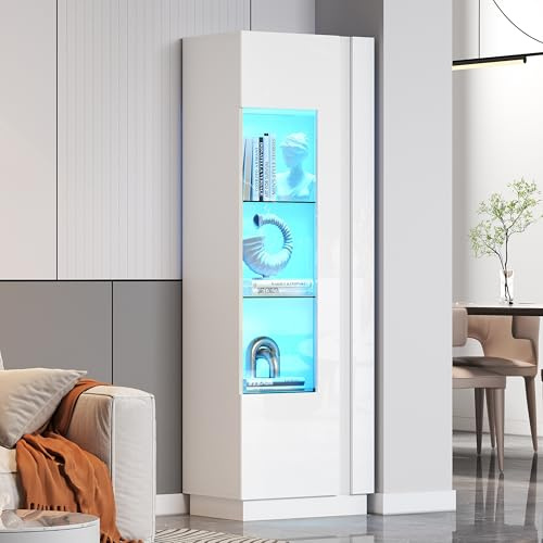 SogesHome LED Vitrine 60x40x180 cm – Weißer Hochschrank mit Acryl-Schranktür & 3 Glasböden, Hochglanz-Design mit App-gesteuerter Beleuchtung, Aufbewahrungsschrank Wohnzimmer