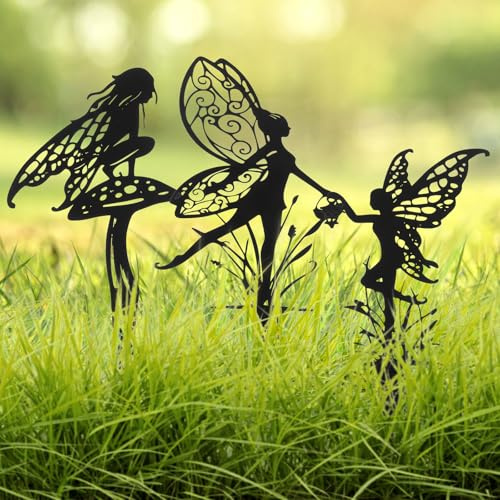 VAVPUP 3er Set Gartenstecker aus Metall,Elfe Rostdeko,Wetterfest Feen Statue, Silhouette,Vielseitigkeit Gartendekoration,Deko für Garten, Rasen, Blumentopf(schwarz)