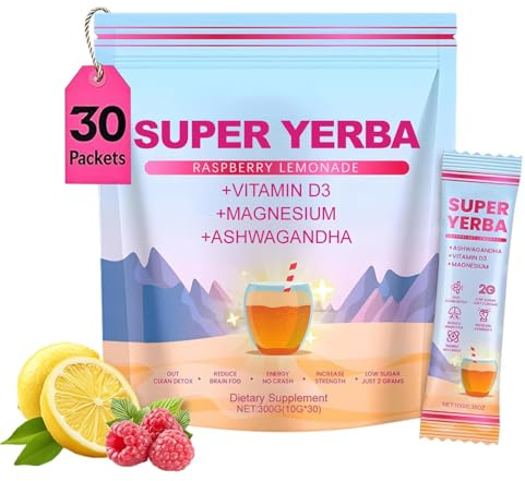 Polvo Instantáneo de Yerba Mate 300g - Sabor a Limonada de Frambuesa, Suplemento Natural 4-en-1 Bajo en Azúcar, para Bebida Fría o Caliente, para Viajes y Hogar, para Mujeres y Hombres