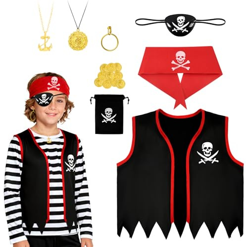AOOWU Piratdräkt för barn, 8 delar piratdräktstillbehör med bandana, ögonlapp, halsband, örhängen, pirat cosplay-set för pojkar för karneval halloween cosplay