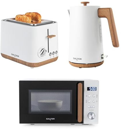Salter Toronto Kettle, Toaster, Microwave Set – Kitchen Countertop Appliances, 1.7L Rapid Boil Kettle, 2-Slice Wide Slot Toaster, 20L Digital Microwave & 25.5cm Turntable, White | 25.5cm Glass Turntable, 8 Auto Cook Presets, 3kW Rapid Boil, 360 Degree Base, Boil Dry Protection, Wooden Effect Accents