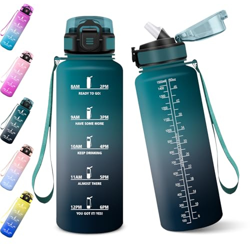 Baramumu Borraccia, 1500ML Senza BPA, Con Paglia, Borraccia Acqua, Bottiglia d'acqua Motivazionale con Indicatore del Tempo, Bottiglia con Cannuccia per Palestra - Verde scuro&Grigio