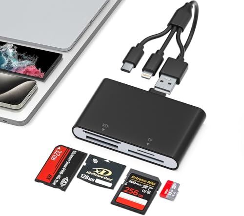 Adaptador Memory Stick Pro Duo - Lector de tarjetas de memoria múltiple 4 en 1 para SD/Micro SD/MS/XD-Picture-Card, tarjeta de memoria Sony Cybershot con Lightning/USB-C/USB-A para iPhone 17/16/15