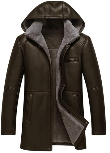 Fashion Fin Men’s Real Sheepskin Shearling Hooded Leather Jacket – Winter Insulated Warm Brown Coat – Soft Fur Lining (US, Alpha, X-Large, Regular, Regular)