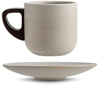 EAZHOP Rustic Coffee Cup Mug and Saucer Sets with Wood Handle 150ml Natural Earthiness Unglazed Porcelain Arty Mug for Espresso, Latte, Cappuccino Coffee, Tea (1, Triangle Handle)