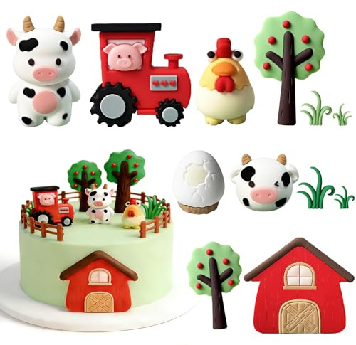 12 piezas de decoración para tarta temática granja, tractor, casa roja, gallo, vaca, decoración para fiestas de cumpleaños