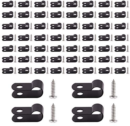 Rustark 60 Stück 6.4mm Schwarz Nylon R-Typ Kabelschellen Nylon Kabelhalter R Clips Schraubbefestigung Kabelklemmen mit 60 Stück 304 Edelstahl Schrauben für Drahtmanagement (1/4”)