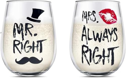 Yalucky Par Vinglas Uppsättning MR RIGHT och MRS ALWAYS RIGHT Kristall Stammlös Vinglas, Gåvor för Alla hjärtans dag Bröllop Engagemang Årsdag, för Hans Hennes Make Fru Pojkvän Flickvän Älskare BLYFRI