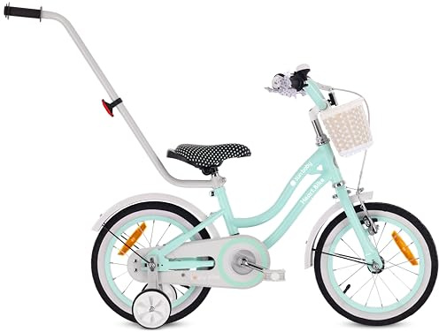 Heart Bike Flickcykel för en flicka 12 14 16 tum, Barncykel 2-6 år, Barncykel med stödhjul, pushbar, justerbar sadel och styre (Mint, 14 tum)