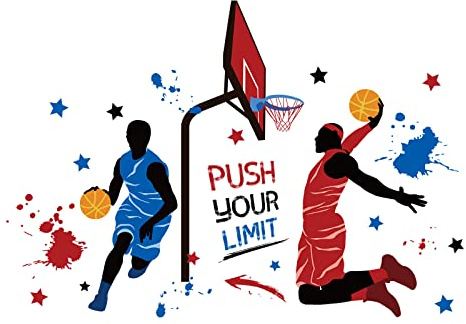 PLIGREAT 2 Blatt Kühl Basketball Wandtattoo Push Your Limit Inspirational Zitat Wandaufkleber Dunk Poster Wandsticker für Jungenzimmer Wohnzimmer Schlafzimmer Großformat Teenager Geschenk