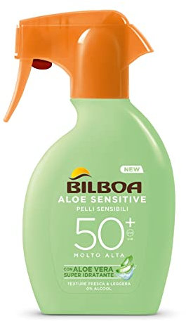 Bilboa, Protezione Solare Corpo Aloe Sensitive Trigger SPF 50+, Spray Solare Alta per Pelli Sensibili, Formula con Aloe Vera, Senza Alcool, Resistente all'Acqua, 250 ml