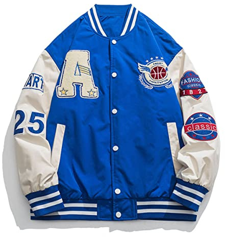 Vestes de Baseball Universitaire pour Hommes Vestes Bombers de Baseball Streetwear Unisexe Manteaux imprimés de Lettres Vintage Vestes Hip hop Vintage Vestes de Baseball (Bleu,M)