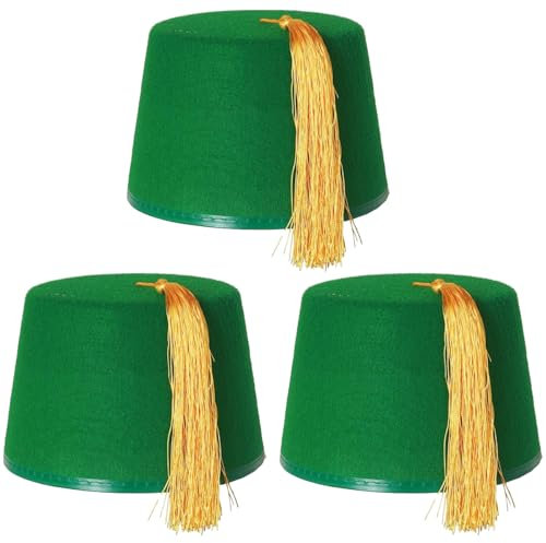 Fez Hut grün Kostümzubehör Kappe grün mit goldener Quaste, Unisex, Filzhut für Herren und Damen, 3 Stück