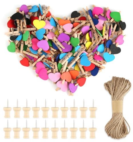100 Stück Mini Holzklammern, Herz Holzklammern Kleine 10 Farben Wäscheklammern mit 20m Juteschnur und 20 Bildnadeln, Mini Wäscheklammern Herz Fotoclip, Kleine Klammern für Fotos Fotowand Postkarten