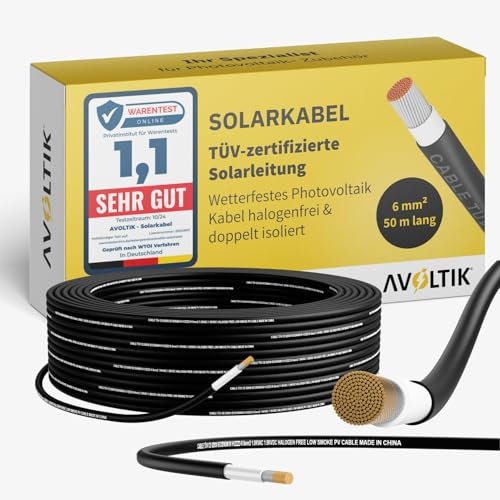 Avoltik Solarkabel 6mm2 in 50 m I TÜV-zertifizierte Solarleitung für Photovoltaik 1500V I robustes Solar Verlängerungskabel H1Z2Z2-K I wetterfestes Photovoltaik Kabel halogenfrei doppelt isoliert