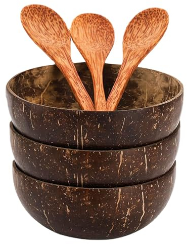 MLKLDOU Set di ciotole in cocco – 3 ciotole in cocco e 3 cucchiai, posate in legno fatte a mano, ciotola per dessert, frutta, insalata, riso, ramen