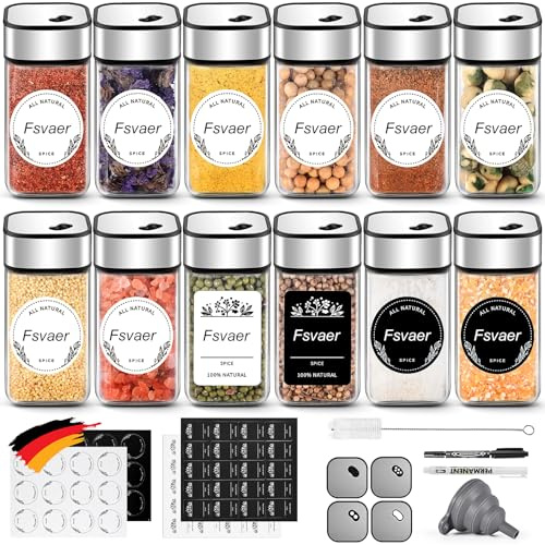 Fsvaer 12 Gewürzgläser Eckig,120ML Gewürzdosen Set mit Streueinsatz,Gewürzstreuer mit Drehdeckel-Starke Versiegelung,Edelstahl-Glas Gewürz Organizer inklusive Trichter, Etikett und Stift