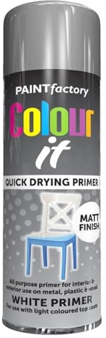 RAPIDE PF COLOUR IT Spray Primer White 250ml - Quick Drying Matt Finish Primer for Metal, Plastic, and Wood - Interior & Exterior Use