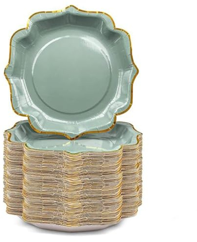 TESIN 100 Stück Pappteller Salbeigrün mit Goldrand (9 Zoll / 23cm) - Stabil Einwegteller für Hochzeit, Baby Shower, Geburtstag & Party - Edles Einweggeschirr Großpackung (Sage Green)