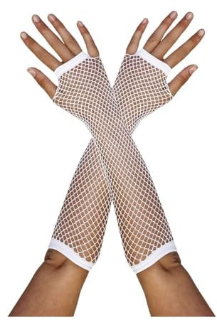 Damen Fischnetzhandschuhe – lange weiße fingerlose Netzhandschuhe – 80er Jahre Popstar Icon Neon Rave Roller Disco Verkleidung Zubehör