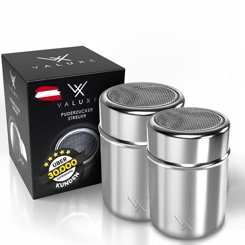 VALUXE® Puderzuckerstreuer Set in 2 Größen - Edelstahl Kakaostreuer mit feinem Sieb & Deckel - Puderzucker Pulver Streuer für präzises Bestäuben - Zuckerstreuer, Mehlstreuer spülmaschinengeeignet