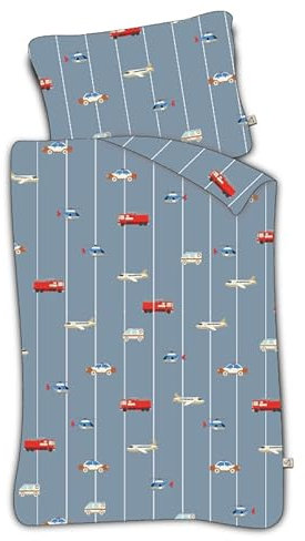 BrandMac Parure de Lit Petites Voitures pour Bébé ou Petit Lit, 100% Coton, Housse de Couette 100x135 cm + Taie d'oreiller 40x60 cm, by Mats, Striped Cars