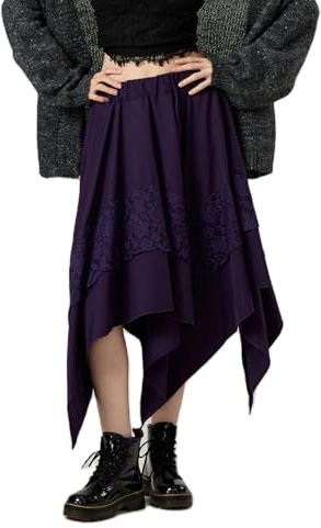Felcia Steampunk spetskjol för kvinnor vintage hög midja oregelbunden kjol renässans gotisk midikjol streetwear, A-lila, L