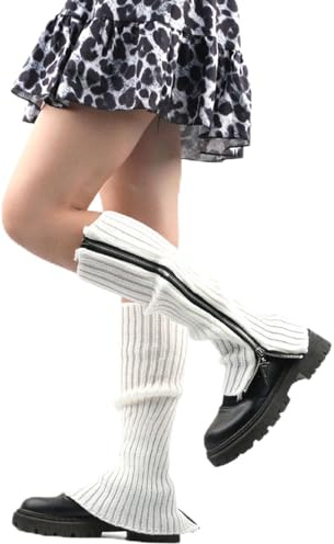 AWOCAN Beinstulpen für Damen, Stiefel, Strick, Reißverschluss, hohe Kniestrümpfe, 80er Jahre, Neon, gerippte Beinsocken, Outfit für Tanz, Yogo, Kleid (Weiß, L)