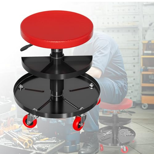 XMTECH Werkstatthocker Rollhocker Werkstatt Rollsitz 41-54cm Höhenverstellbar, Arbeitshocker mit Ablage & 4 Universalrollen, Werkstatt-Arbeits-Hocker-Stuhl-Sitz für Werkzeug