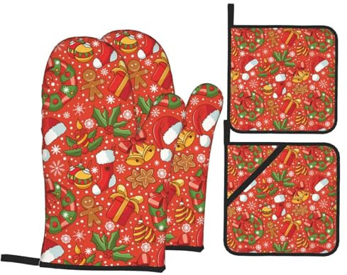 Ofenhandschuhe und Topflappen-Set, Kranz, Glocke, Schneeflocken, hitzebeständig, Küchen-Backhandschuhe, rutschfeste Oberfläche zum Kochen, Backen, Grillen, Grillen