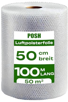POSH Pellicola pluriball 100 m x 50 cm di larghezza, ideale per imballaggio, spedizione e protezione, materiale di riempimento