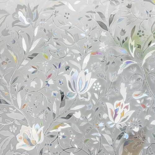 Window Film Opaque Self-Adhesive No-Glue Privacy Film Opaque Glass Film Self-Adhesive Suncatcher Sticker Sun Protection Film for Living Room (Tulpe, 90 x 400 cm)