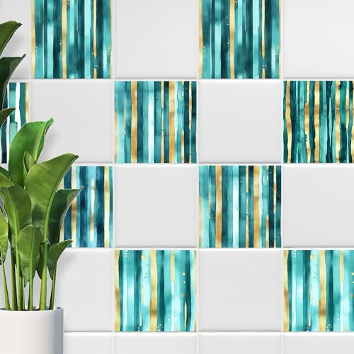GRAZDesign Fliesenaufkleber Türkis-Blau-Gold für Bad & Küche - Selbstklebende Dekorfolie für Moderne Raumgestaltung - 20x25cm / 10 Stück