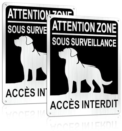 Sinmao - Atención al perro, 18 x 25 cm, aluminio cepillado, casa bajo videovigilancia, con agujeros preperforados, acceso prohibido panel negro x2