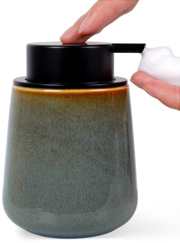 INGOFIN Ceramic Foaming Soap Dispenser -12oz Foam Hand Soap Dispenser Bathroom, Modern Refillable Dish Wash Soap Bottle for Kitchen with Large Pump -Kiln-Glazed Green