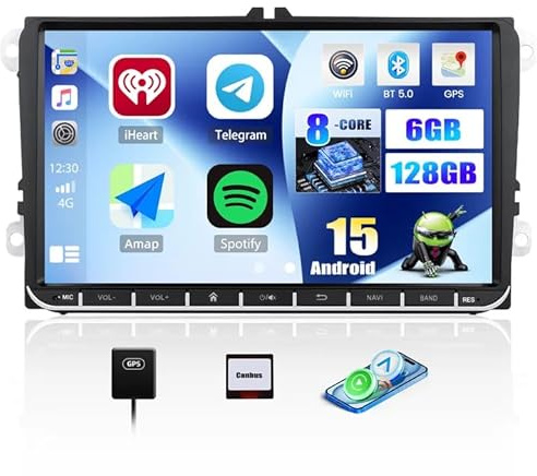 6GB + 128GB 8 Core CAMECHO Android 13 Bilradio för VW Golf 5 Polo Caddy Skoda med Navi Carplay Android Auto Trådlös dubbel Din. Radio med 9 tums skärm, spegel Länk RDS/FM Bluetooth 5.0+DSP