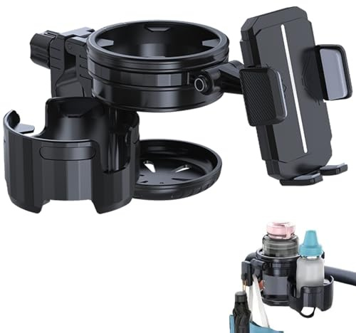 4-in-1 Universal Stroller Cup Holder – Adjustable Single/Double Cup & Phone Holder, 360° Rotatable, Anti-Slip Silicone Grip, Spill-Proof Design for Baby Strollers, bicycles,Wheelchairs, Shopping Carts