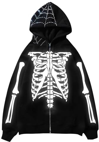 RUMAOZIA Herren Damen Y2K Zip Up Hoodies Totenkopf Aufdruck Jacke 90er Retro Herbst Winter Reißverschluss Sweatshirt Skelett Kapuzen Sweatjacke Kaputzensweatjacke Männer Halloween Outfit