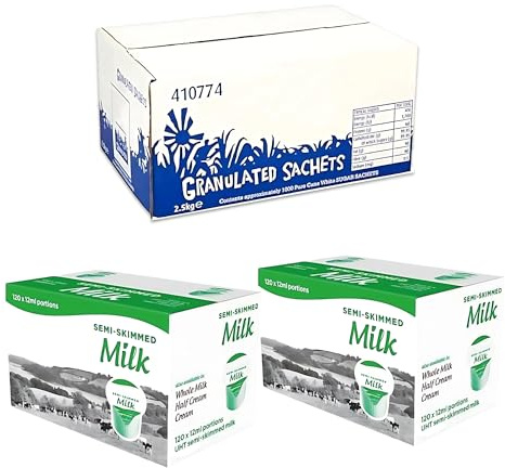 T & L White Sugar Sachets – 1000 × 2.5 g (2.5 kg Total) & Lakkeland Semi-Skimmed UHT Milk Pods – 240 × 12 ml | Catering Essentials Pack | Perfect for Offices, Cafés & Events