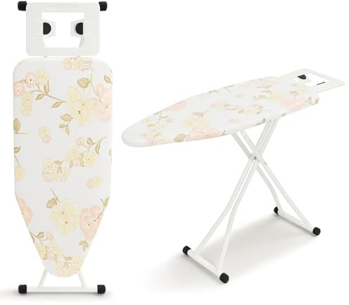 Trintion Bügelbrett 110 x 38 x 64-77 cm 6-Fach höhenverstellbar rutschfeste Gummifüße Baumwollbezug mit Bügeleisenablage Tischplatte Universalbügelbretter Bügelbrettablage (Blumen)