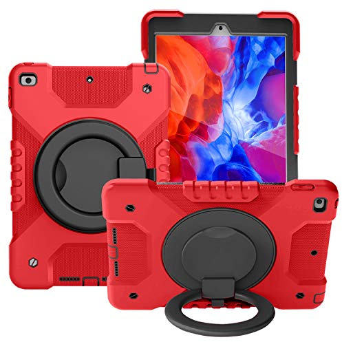 Tablettskydd Tablet Väska till iPad 10.2 2019/2020, Barn Slitstarkt stötskyddat skyddskåpa, med vikhandtag, roterande kickstand, bär axelrem(Red+Black)