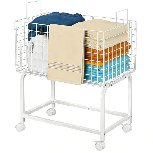 Mounting UP Cesto portabiancheria in filo metallico da 80 l, con rotella, con maniglia, per lavanderia, bagno, camera da letto, bianco, 60 x 40 x 71 cm