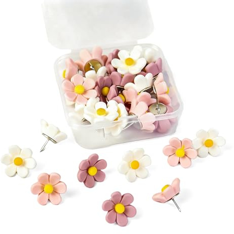 20 Blommiga Tryckstift i Rosa och Vitt, Dekorativa Nubb till Nåltavla, Korktavla, Fotovägg, Kontor och Hem, Kreativa Stift för Organisation