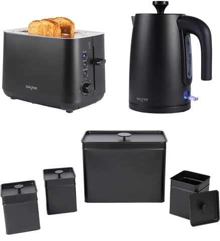 Salter Kuro 3-Piece Kitchen Set – 1.7L 3000W Kettle, 925W 2-Slice Toaster & 4-Piece Countertop Canister Set, Includes Bread, Tea, Coffee & Sugar Storage, Easy Clean, Durable Matte Black Finish